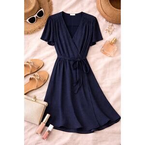 GAP Women's Navy Blue Wrap Midi Dress White Dot Print Short Sleeve Size XL